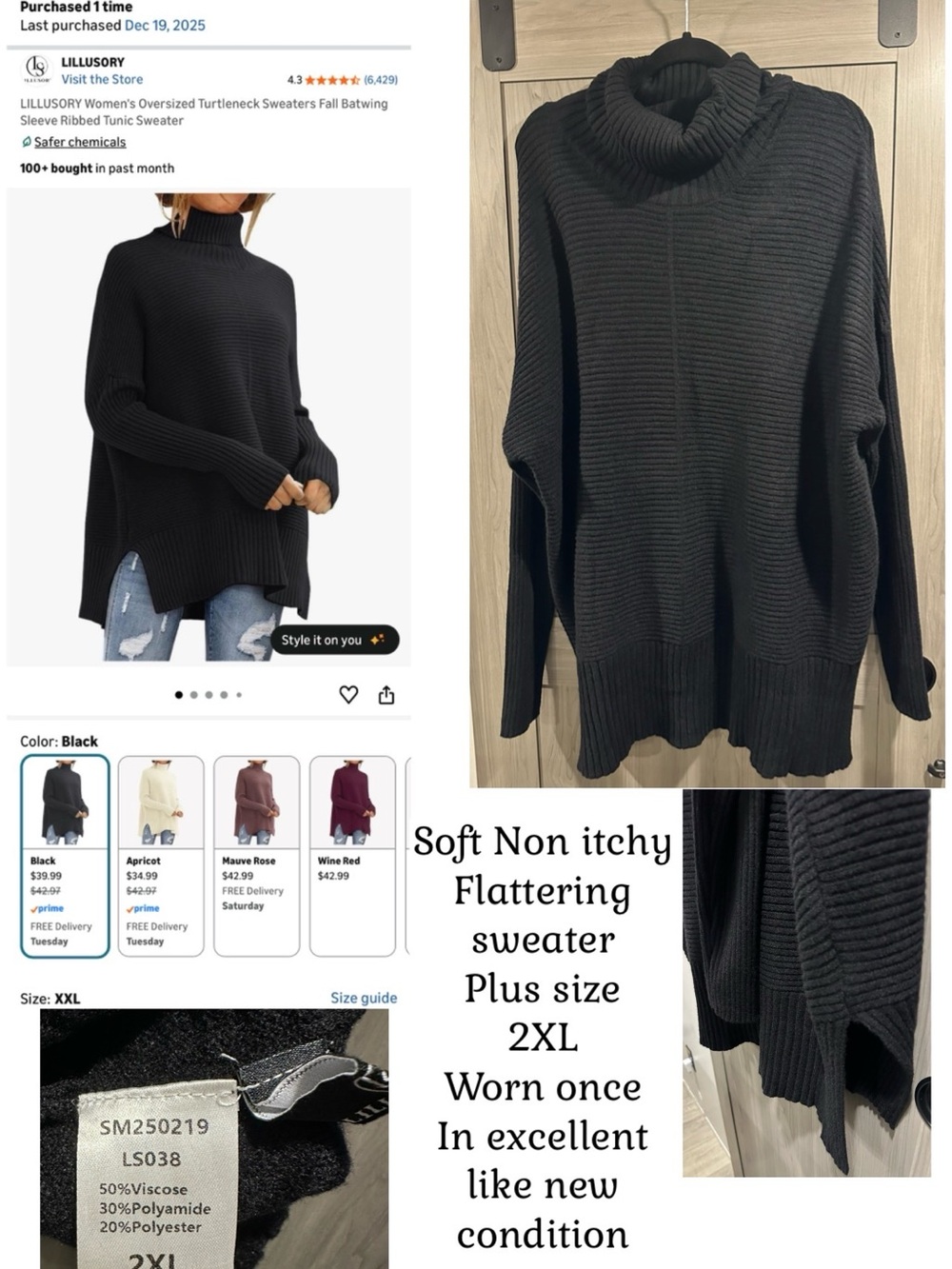 Black Oversized Turtleneck Sweater - Plus Size 2XL
